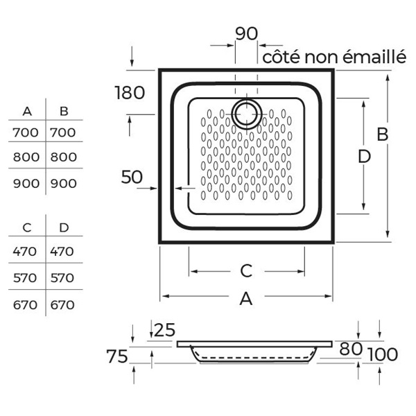 Alterna receveur de douche à encastrer Verseau 2 carré 70x70 – dimensions produit - 3701521